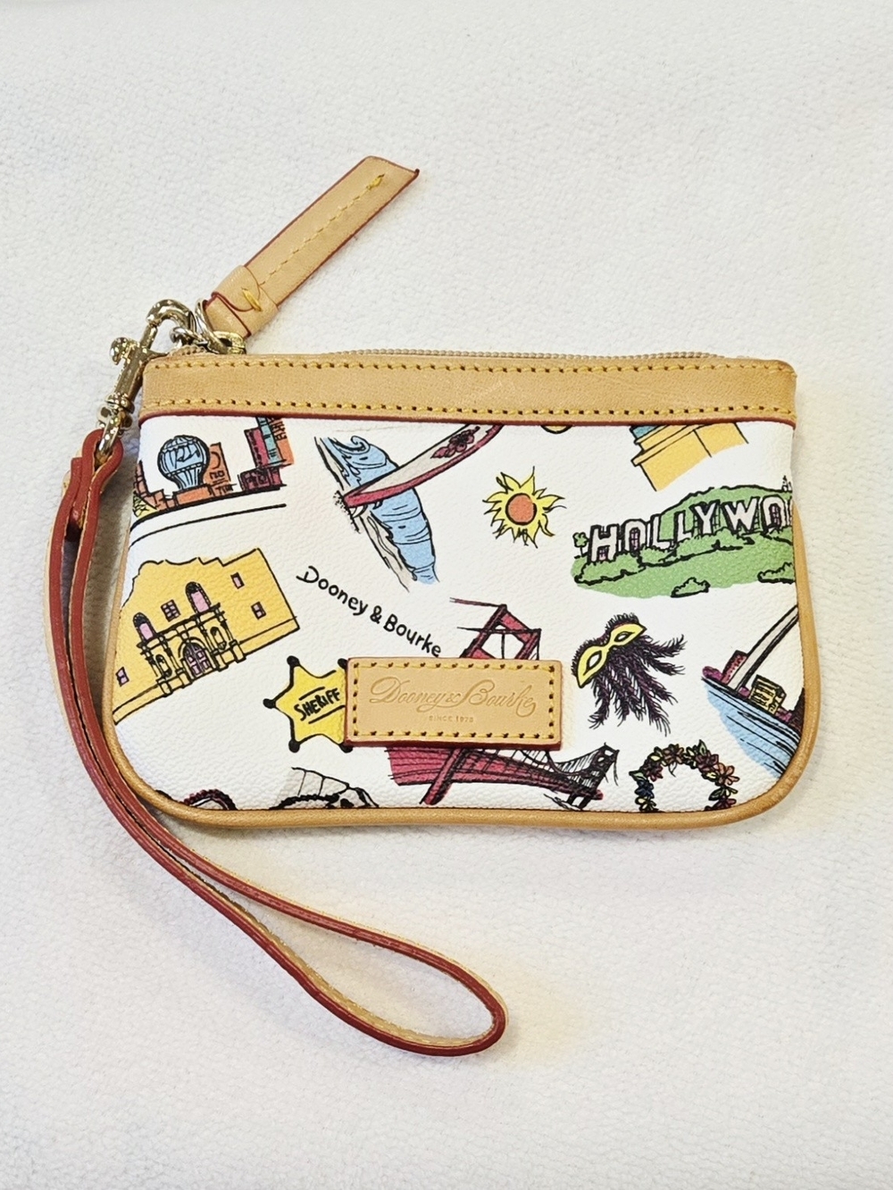 Dooney & Bourke White Multicolor Route 66-Print Wristlet with Tan Trim